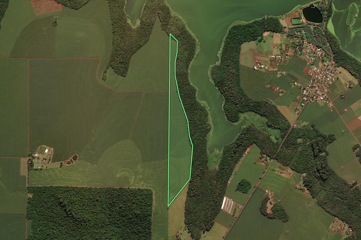 Imagem de satélite do imóvel rural em São Miguel do Iguaçu (PR), com o contorno declarado no CAR desenhado por cima.