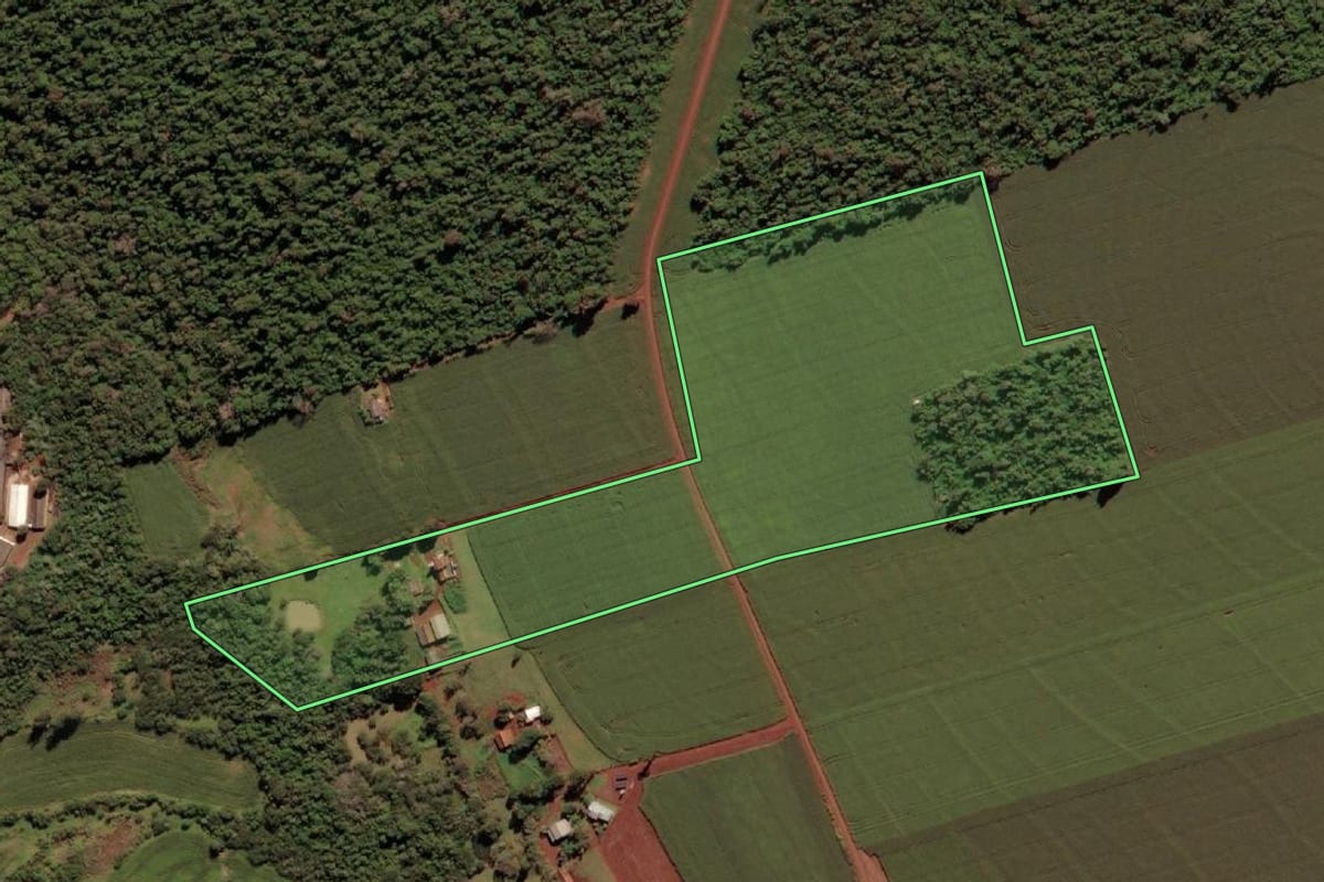 Imagem de satélite do imóvel rural em São Miguel do Iguaçu (PR), com o contorno declarado no CAR desenhado por cima.