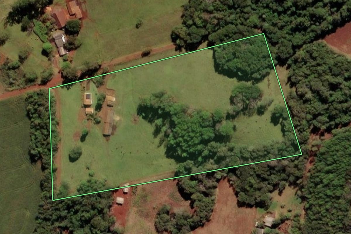 Imagem de satélite do imóvel rural em São Miguel do Iguaçu (PR), com o contorno declarado no CAR desenhado por cima.