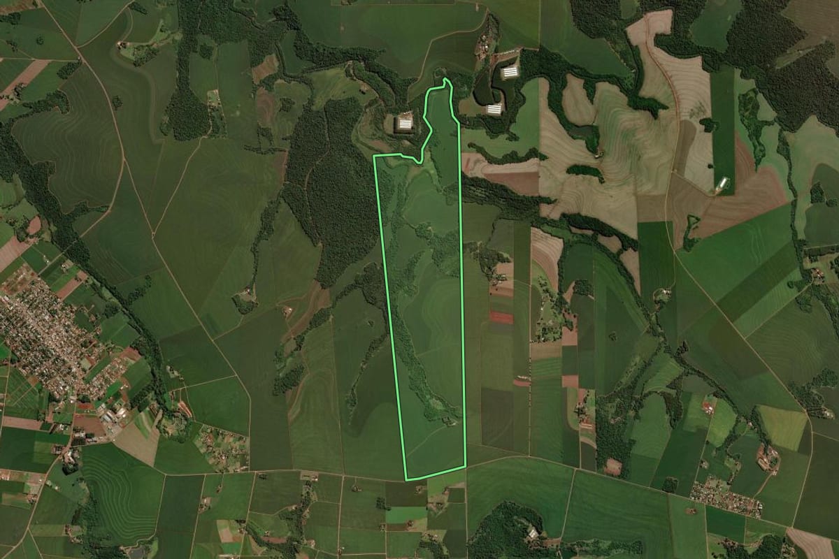 Imagem de satélite do imóvel rural em São Pedro do Iguaçu (PR), com o contorno declarado no CAR desenhado por cima.