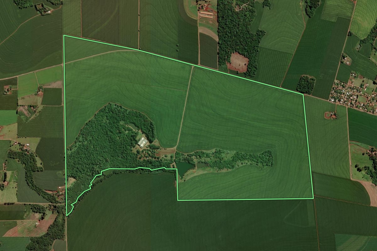 Imagem de satélite do imóvel rural em São Pedro do Iguaçu (PR), com o contorno declarado no CAR desenhado por cima.