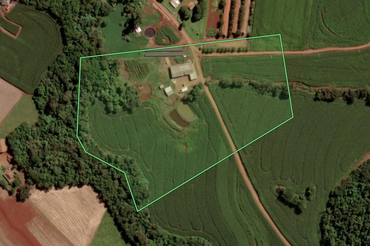 Imagem de satélite do imóvel rural em São Pedro do Iguaçu (PR), com o contorno declarado no CAR desenhado por cima.