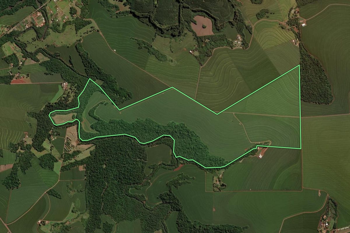 Imagem de satélite do imóvel rural em São Pedro do Iguaçu (PR), com o contorno declarado no CAR desenhado por cima.