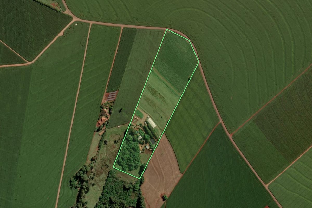 Imagem de satélite do imóvel rural em São Pedro do Iguaçu (PR), com o contorno declarado no CAR desenhado por cima.