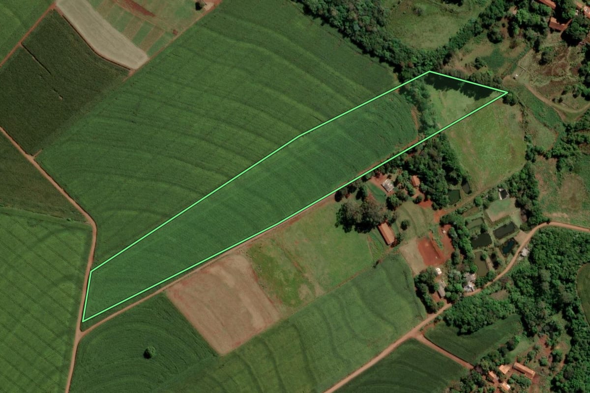 Imagem de satélite do imóvel rural em São Pedro do Iguaçu (PR), com o contorno declarado no CAR desenhado por cima.