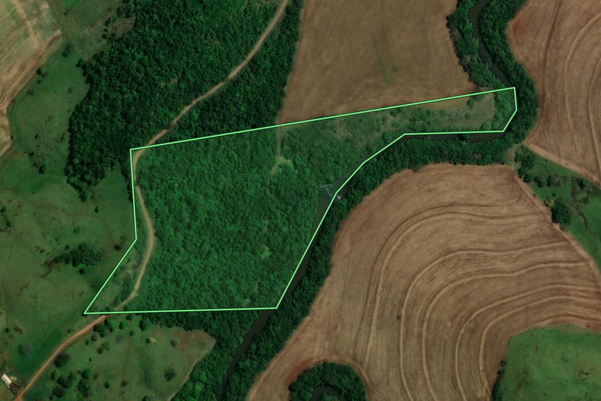 Imagem de satélite do imóvel rural em São Pedro do Iguaçu (PR), com o contorno declarado no CAR desenhado por cima.