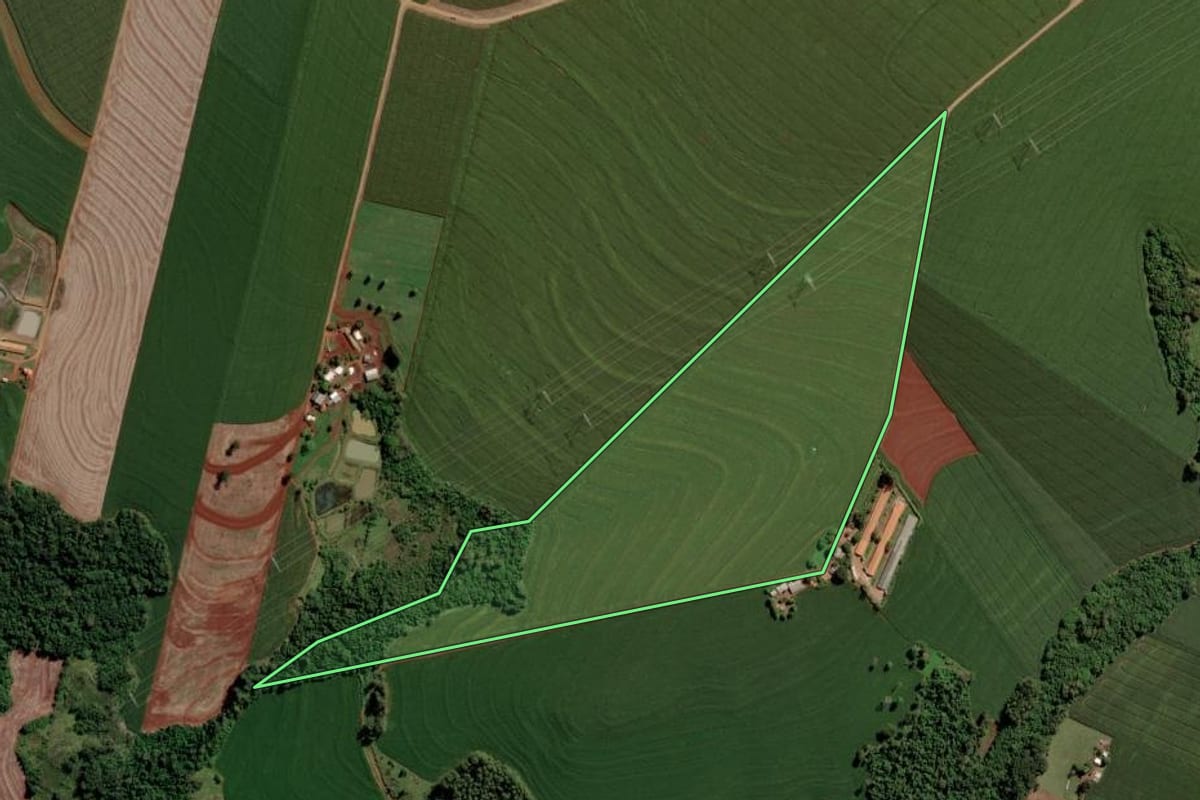 Imagem de satélite do imóvel rural em São Pedro do Iguaçu (PR), com o contorno declarado no CAR desenhado por cima.