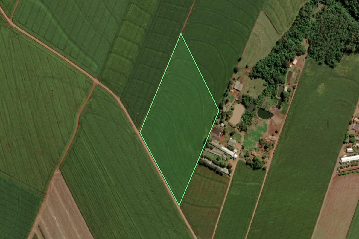 Imagem de satélite do imóvel rural em São Pedro do Iguaçu (PR), com o contorno declarado no CAR desenhado por cima.