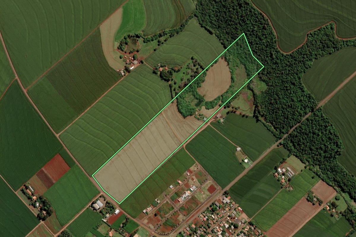 Imagem de satélite do imóvel rural em São Pedro do Iguaçu (PR), com o contorno declarado no CAR desenhado por cima.