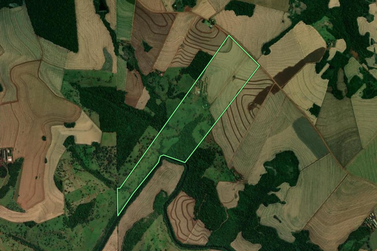 Imagem de satélite do imóvel rural em São Pedro do Iguaçu (PR), com o contorno declarado no CAR desenhado por cima.