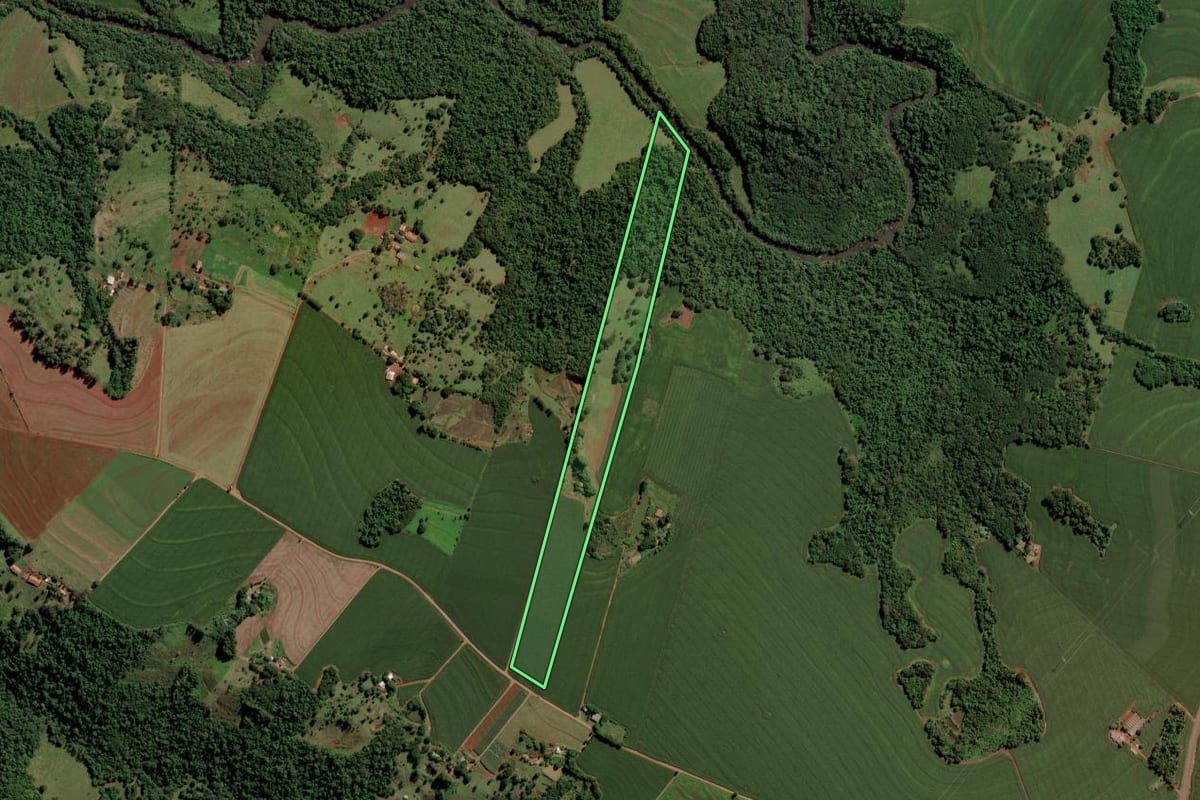 Imagem de satélite do imóvel rural em São Pedro do Iguaçu (PR), com o contorno declarado no CAR desenhado por cima.