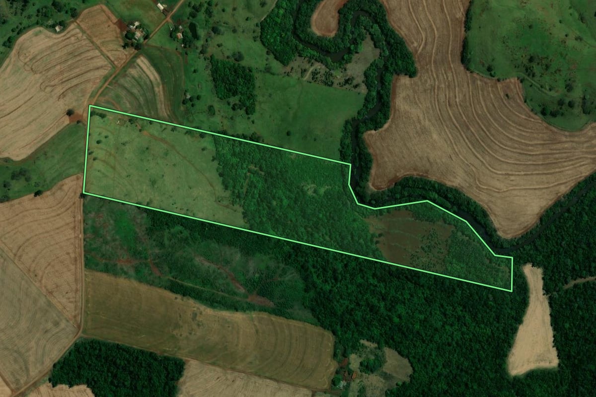 Imagem de satélite do imóvel rural em São Pedro do Iguaçu (PR), com o contorno declarado no CAR desenhado por cima.