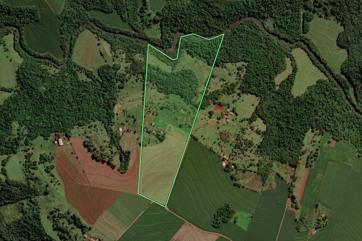 Imagem de satélite do imóvel rural em São Pedro do Iguaçu (PR), com o contorno declarado no CAR desenhado por cima.
