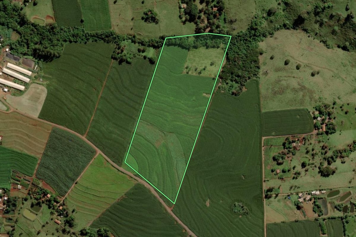 Imagem de satélite do imóvel rural em São Pedro do Iguaçu (PR), com o contorno declarado no CAR desenhado por cima.