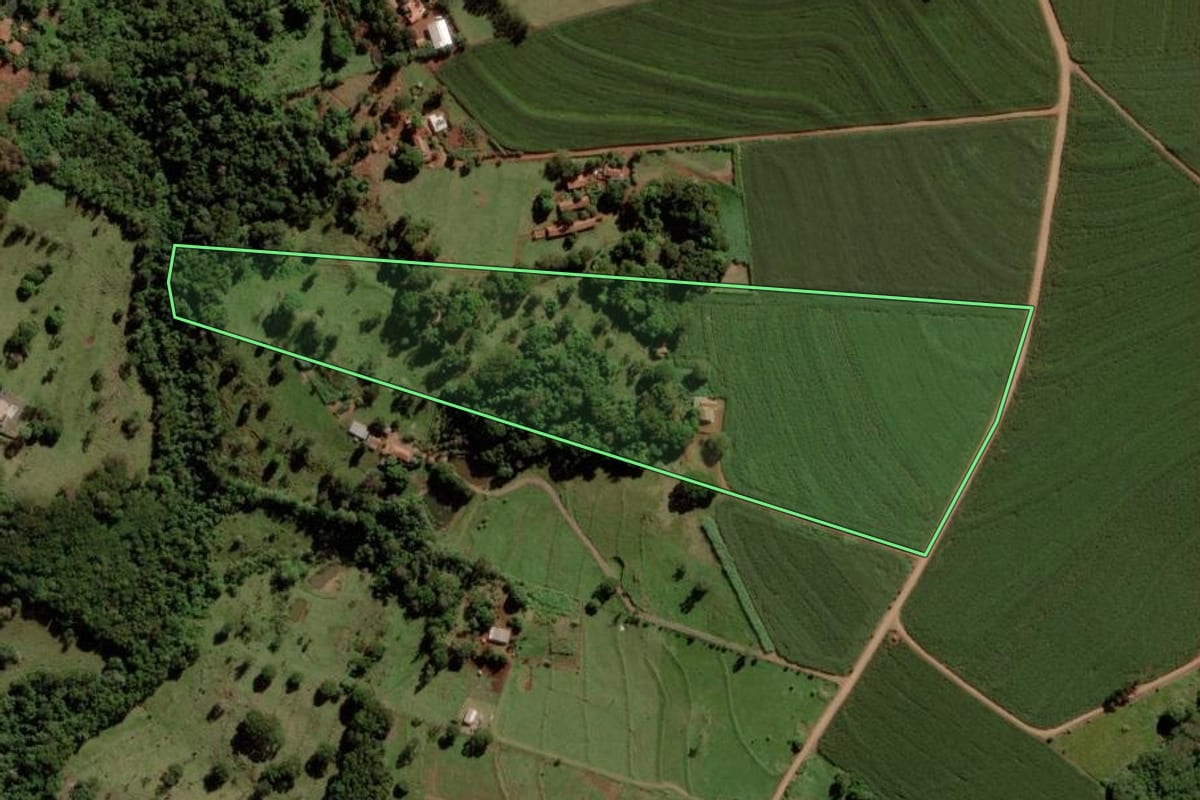 Imagem de satélite do imóvel rural em São Pedro do Iguaçu (PR), com o contorno declarado no CAR desenhado por cima.