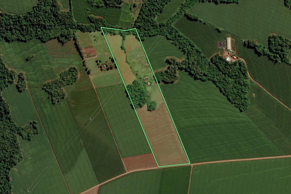 Imagem de satélite do imóvel rural em São Pedro do Iguaçu (PR), com o contorno declarado no CAR desenhado por cima.