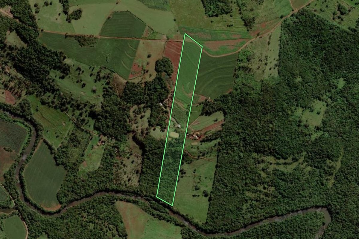 Imagem de satélite do imóvel rural em São Pedro do Iguaçu (PR), com o contorno declarado no CAR desenhado por cima.