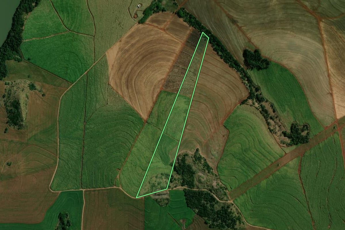 Imagem de satélite do imóvel rural em São Pedro do Ivaí (PR), com o contorno declarado no CAR desenhado por cima.