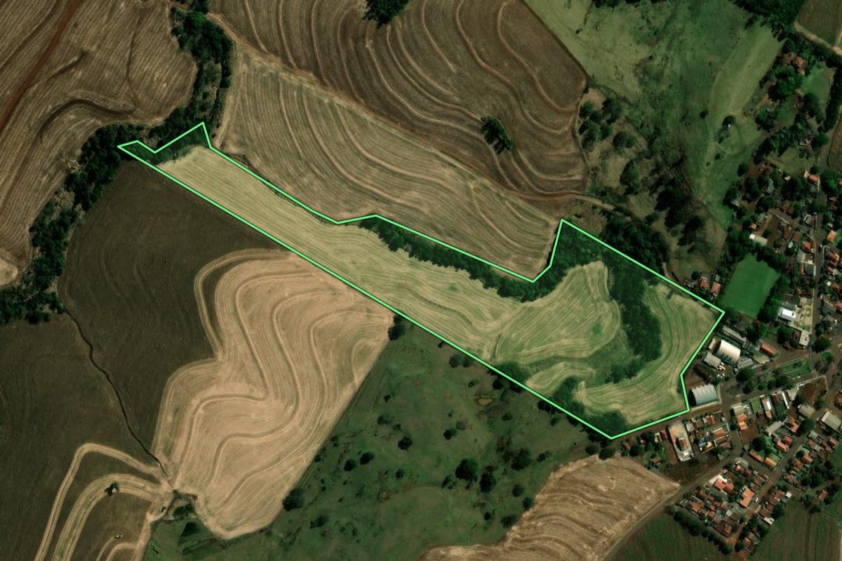 Imagem de satélite do imóvel rural em São Pedro do Ivaí (PR), com o contorno declarado no CAR desenhado por cima.