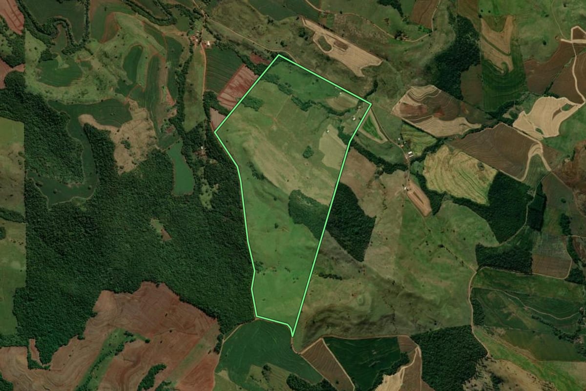 Imagem de satélite do imóvel rural em São Pedro do Ivaí (PR), com o contorno declarado no CAR desenhado por cima.