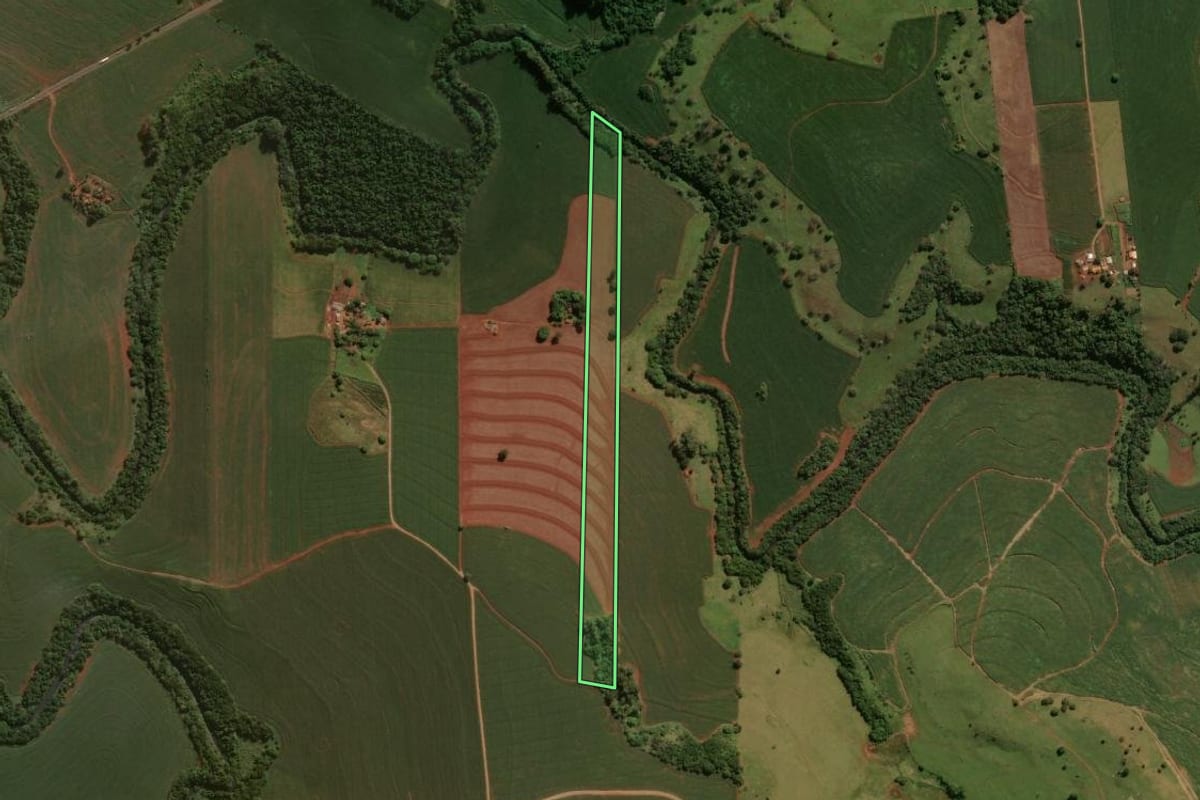 Imagem de satélite do imóvel rural em São Pedro do Ivaí (PR), com o contorno declarado no CAR desenhado por cima.