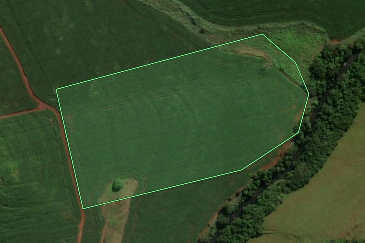 Imagem de satélite do imóvel rural em São Pedro do Ivaí (PR), com o contorno declarado no CAR desenhado por cima.