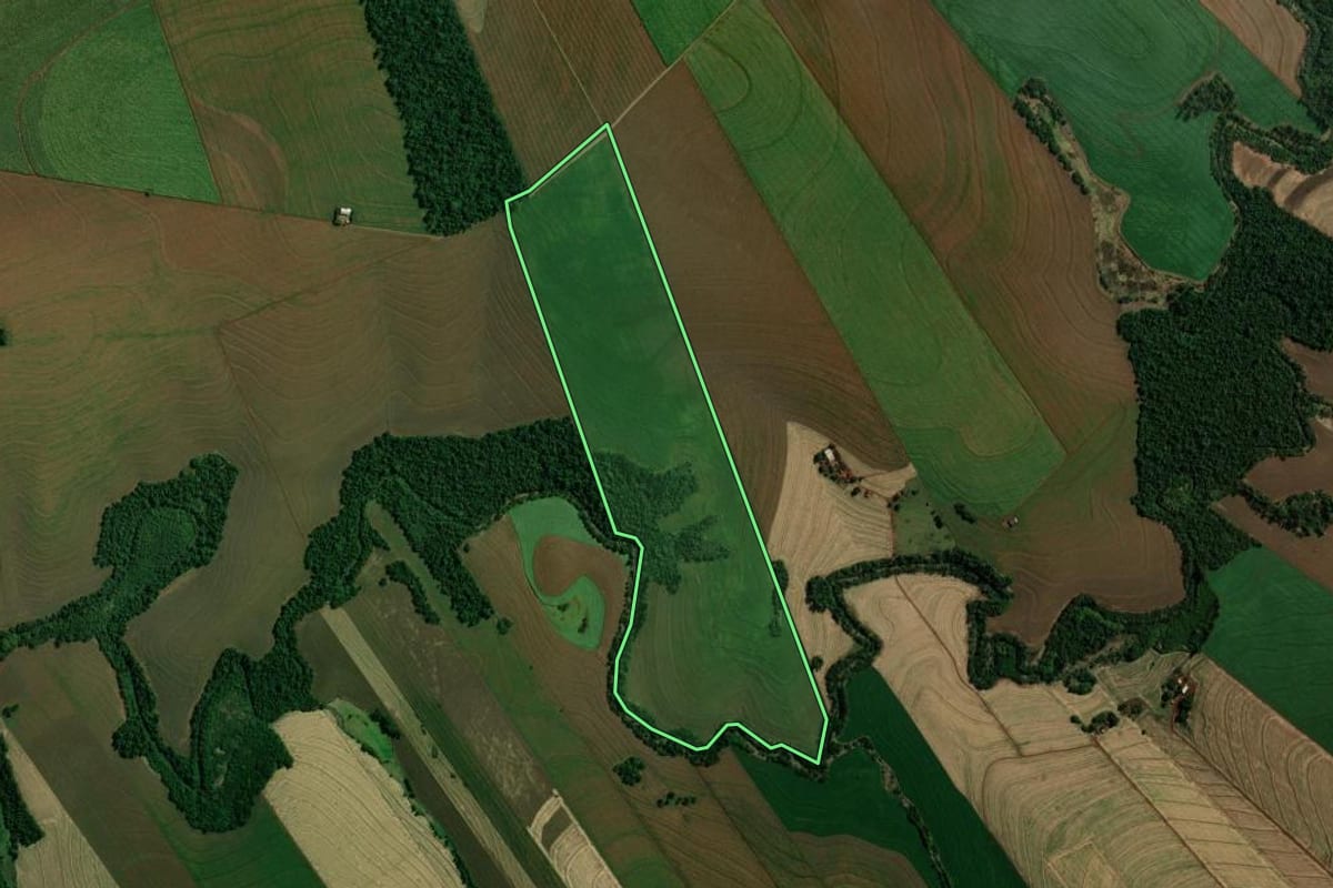 Imagem de satélite do imóvel rural em São Pedro do Ivaí (PR), com o contorno declarado no CAR desenhado por cima.