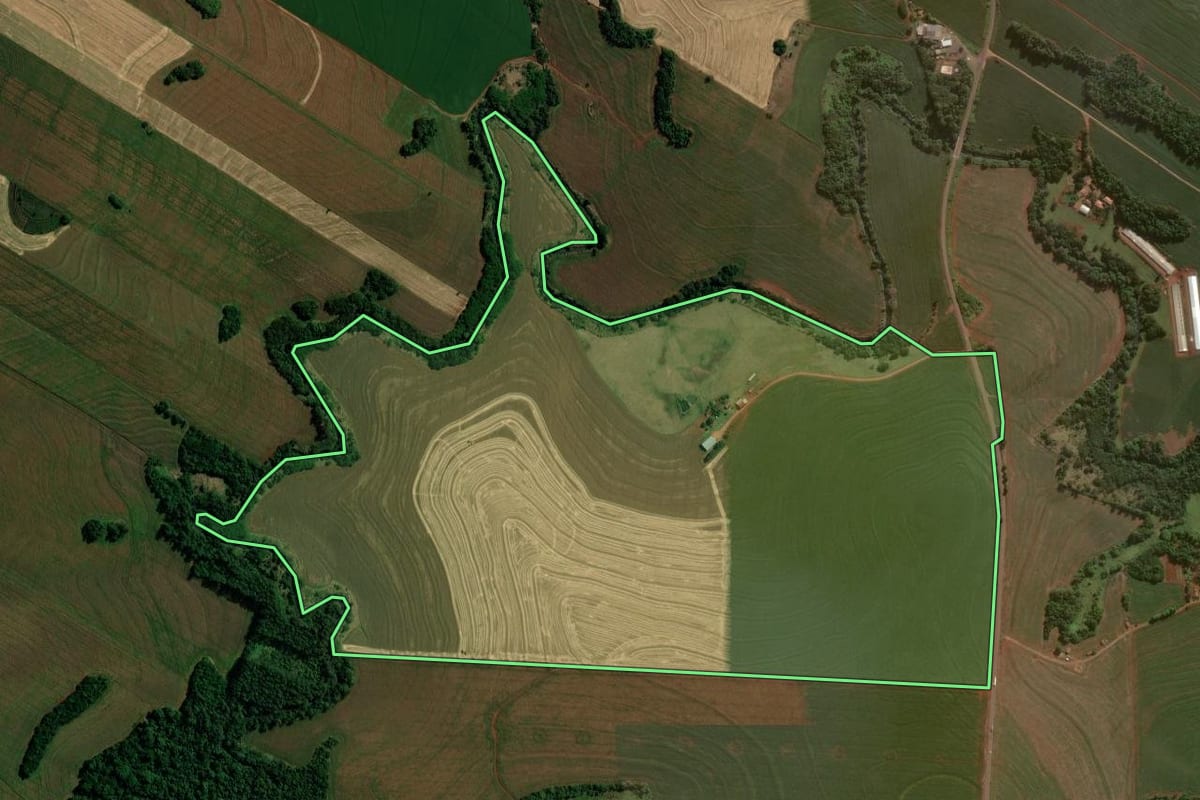 Imagem de satélite do imóvel rural em São Pedro do Ivaí (PR), com o contorno declarado no CAR desenhado por cima.