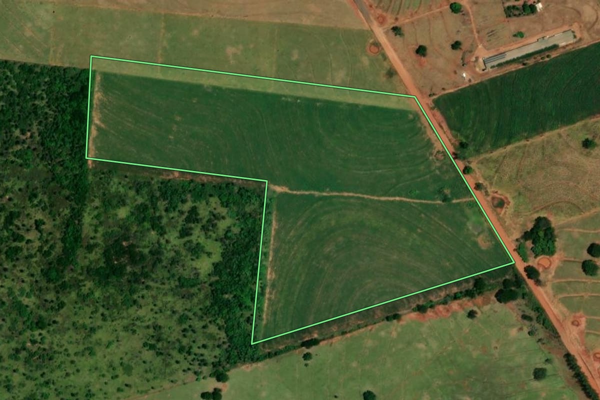 Imagem de satélite do imóvel rural em São Pedro do Paraná (PR), com o contorno declarado no CAR desenhado por cima.