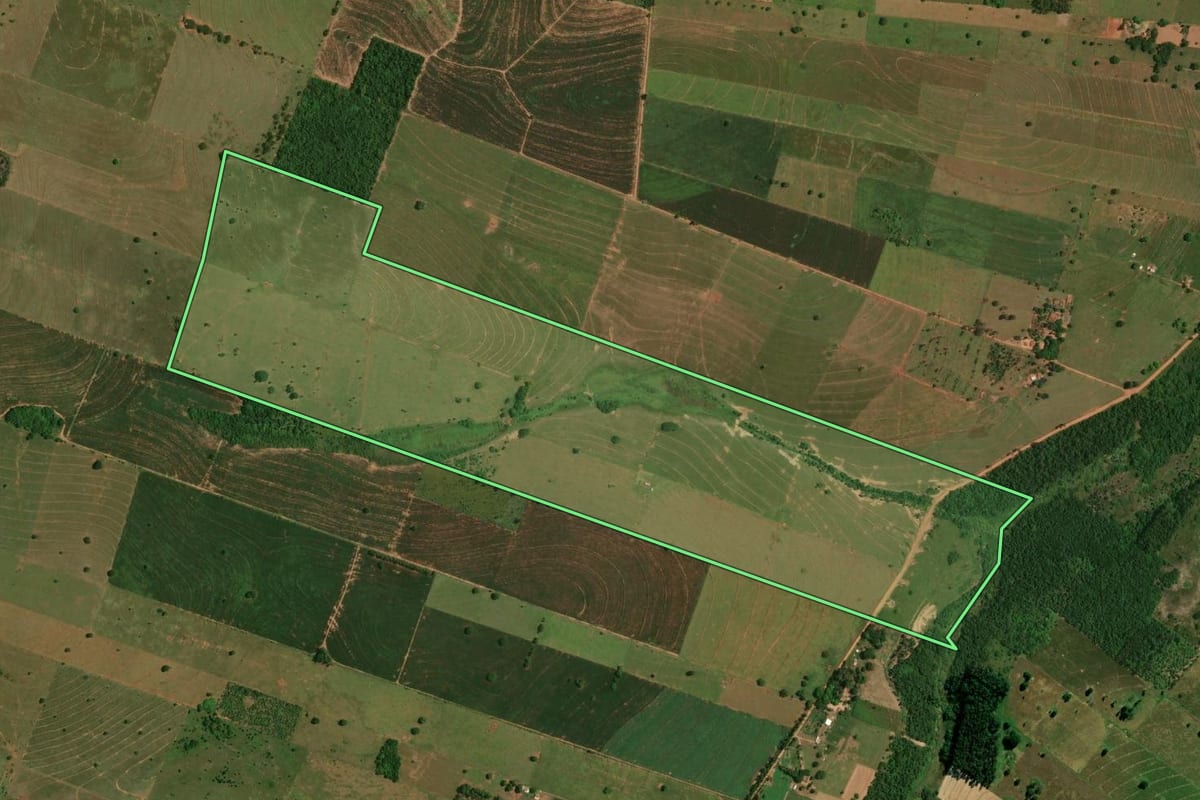 Imagem de satélite do imóvel rural em São Pedro do Paraná (PR), com o contorno declarado no CAR desenhado por cima.