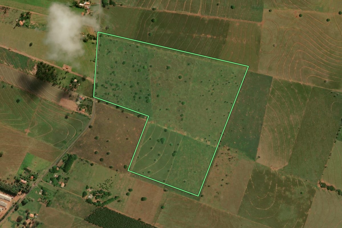 Imagem de satélite do imóvel rural em São Pedro do Paraná (PR), com o contorno declarado no CAR desenhado por cima.