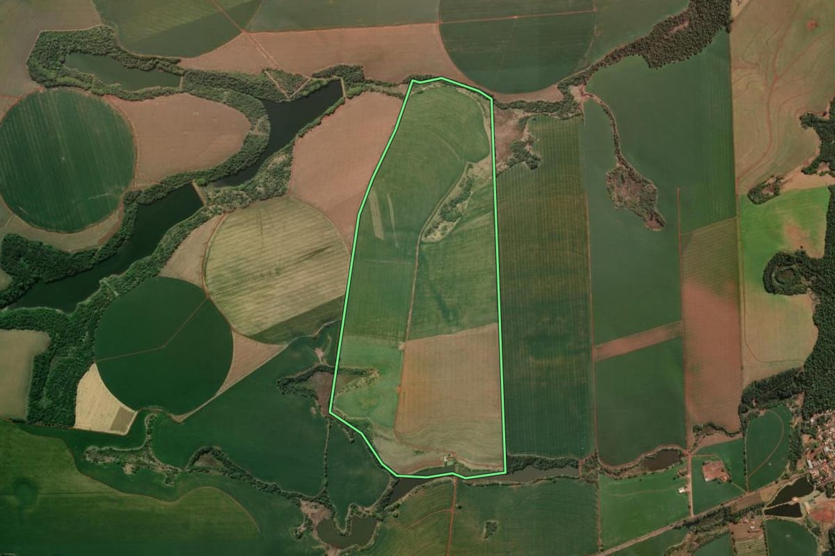 Imagem de satélite do imóvel rural em São Sebastião da Amoreira (PR), com o contorno declarado no CAR desenhado por cima.