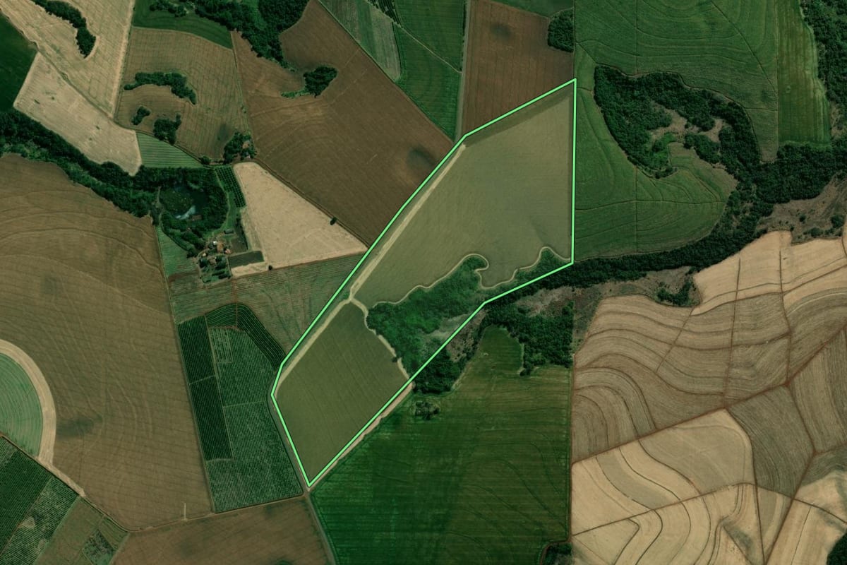 Imagem de satélite do imóvel rural em São Sebastião da Amoreira (PR), com o contorno declarado no CAR desenhado por cima.