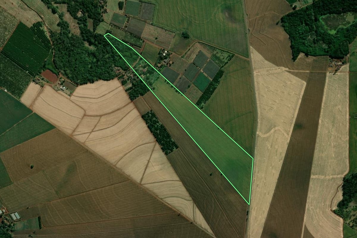 Imagem de satélite do imóvel rural em São Sebastião da Amoreira (PR), com o contorno declarado no CAR desenhado por cima.