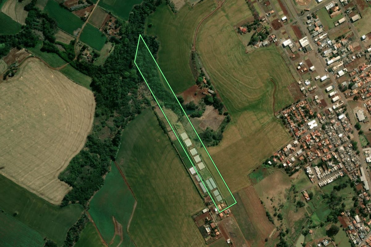 Imagem de satélite do imóvel rural em São Sebastião da Amoreira (PR), com o contorno declarado no CAR desenhado por cima.