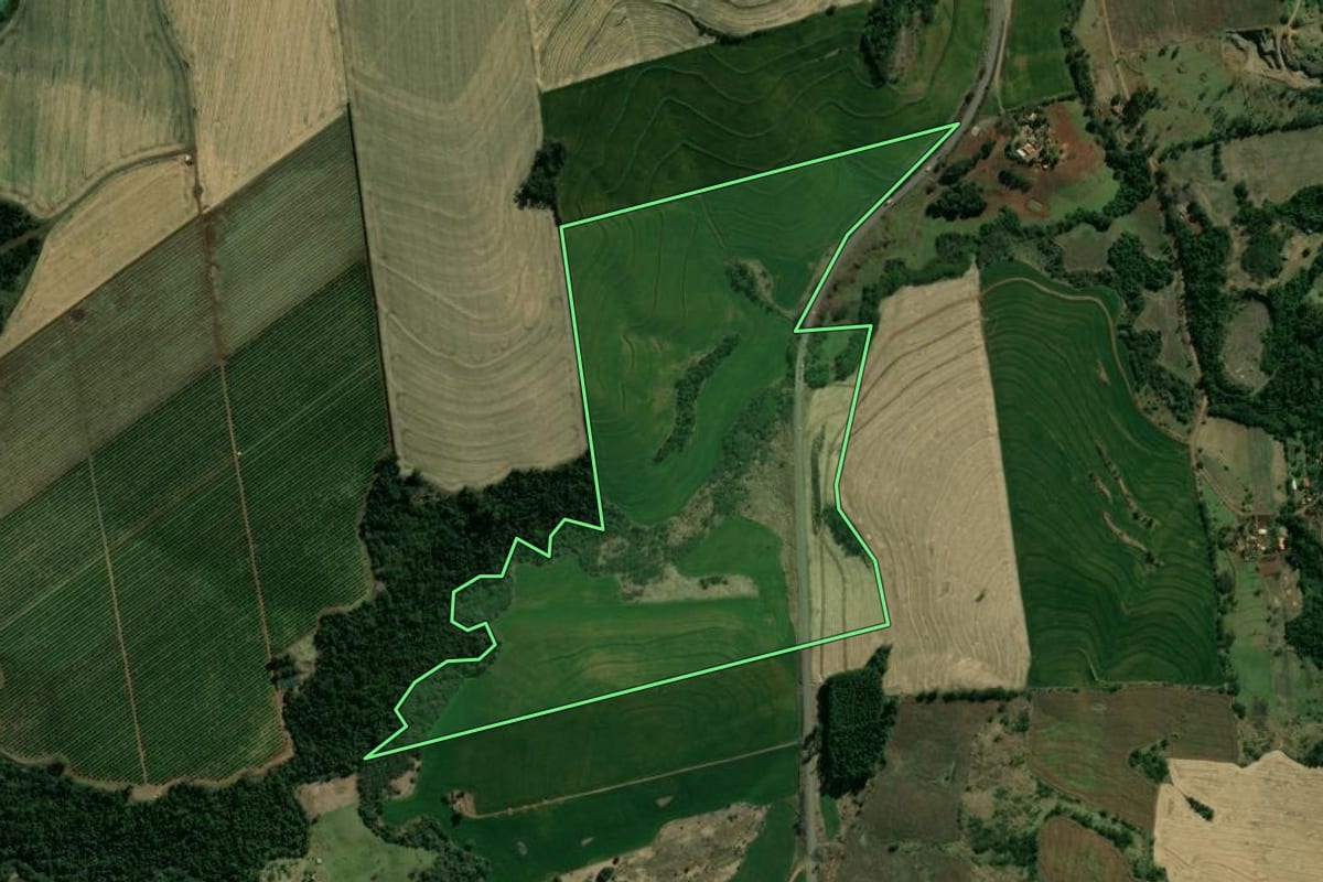 Imagem de satélite do imóvel rural em São Sebastião da Amoreira (PR), com o contorno declarado no CAR desenhado por cima.