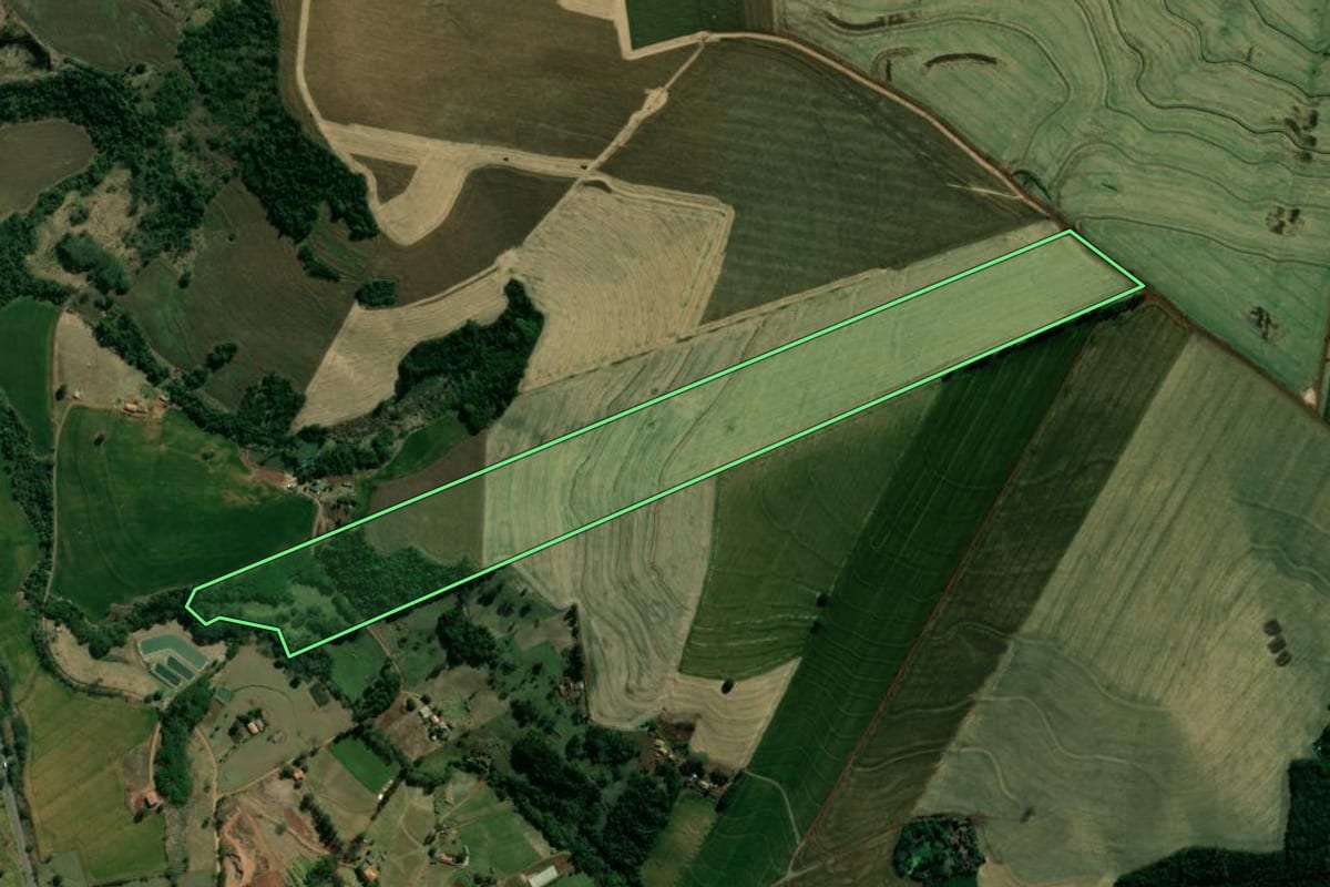 Imagem de satélite do imóvel rural em São Sebastião da Amoreira (PR), com o contorno declarado no CAR desenhado por cima.