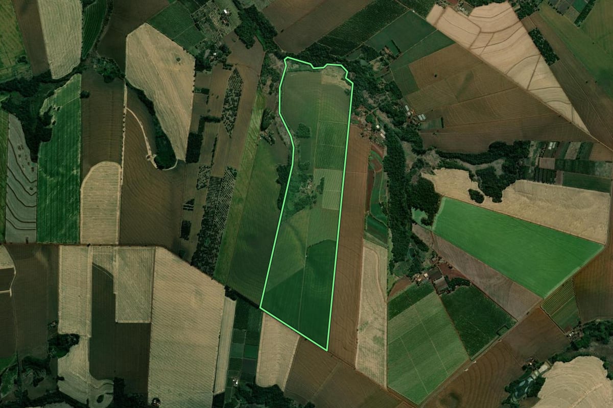 Imagem de satélite do imóvel rural em São Sebastião da Amoreira (PR), com o contorno declarado no CAR desenhado por cima.