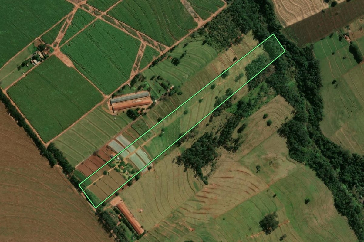 Imagem de satélite do imóvel rural em São Tomé (PR), com o contorno declarado no CAR desenhado por cima.