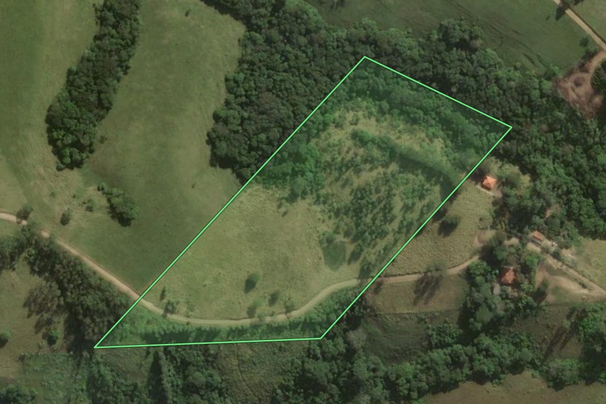Imagem de satélite do imóvel rural em Sapopema (PR), com o contorno declarado no CAR desenhado por cima.