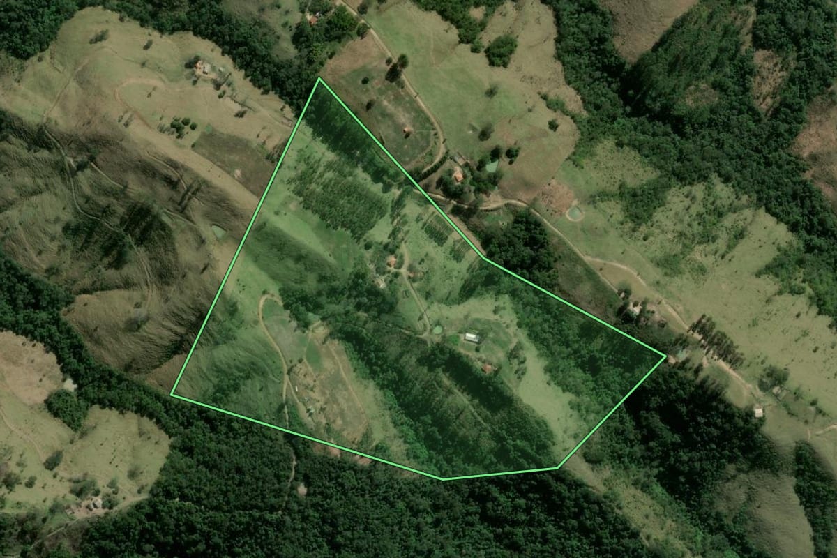 Imagem de satélite do imóvel rural em Sapopema (PR), com o contorno declarado no CAR desenhado por cima.