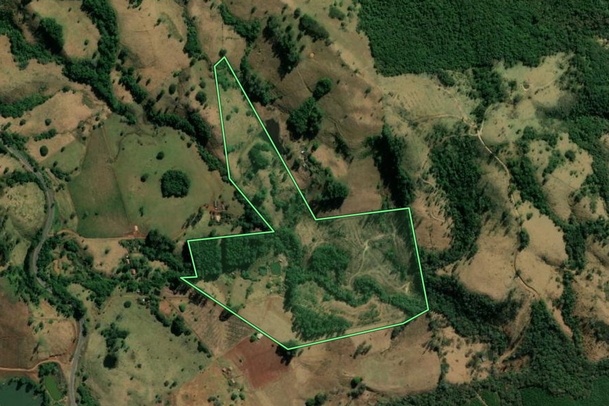 Imagem de satélite do imóvel rural em Sapopema (PR), com o contorno declarado no CAR desenhado por cima.