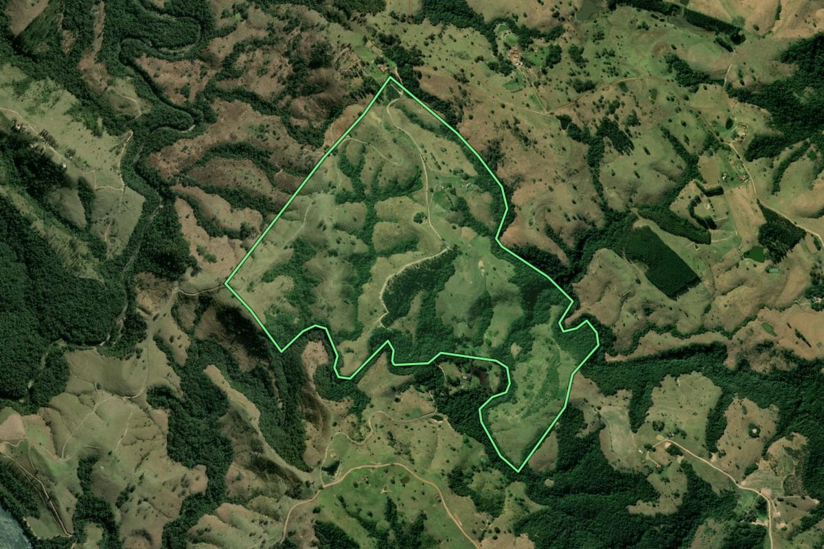 Imagem de satélite do imóvel rural em Sapopema (PR), com o contorno declarado no CAR desenhado por cima.