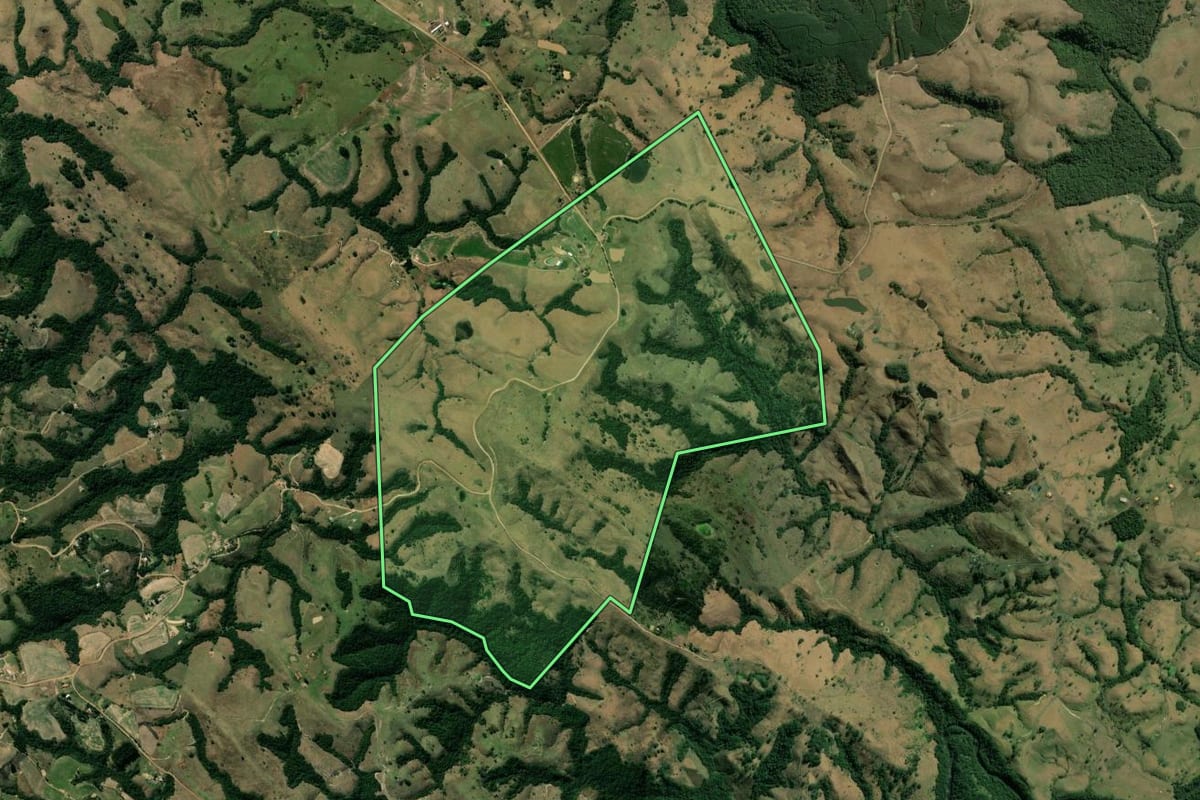 Imagem de satélite do imóvel rural em Sapopema (PR), com o contorno declarado no CAR desenhado por cima.