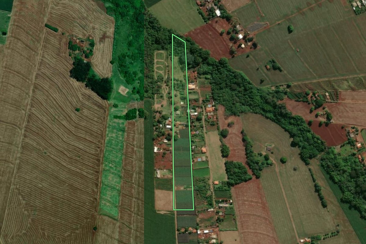 Imagem de satélite do imóvel rural em Sarandi (PR), com o contorno declarado no CAR desenhado por cima.