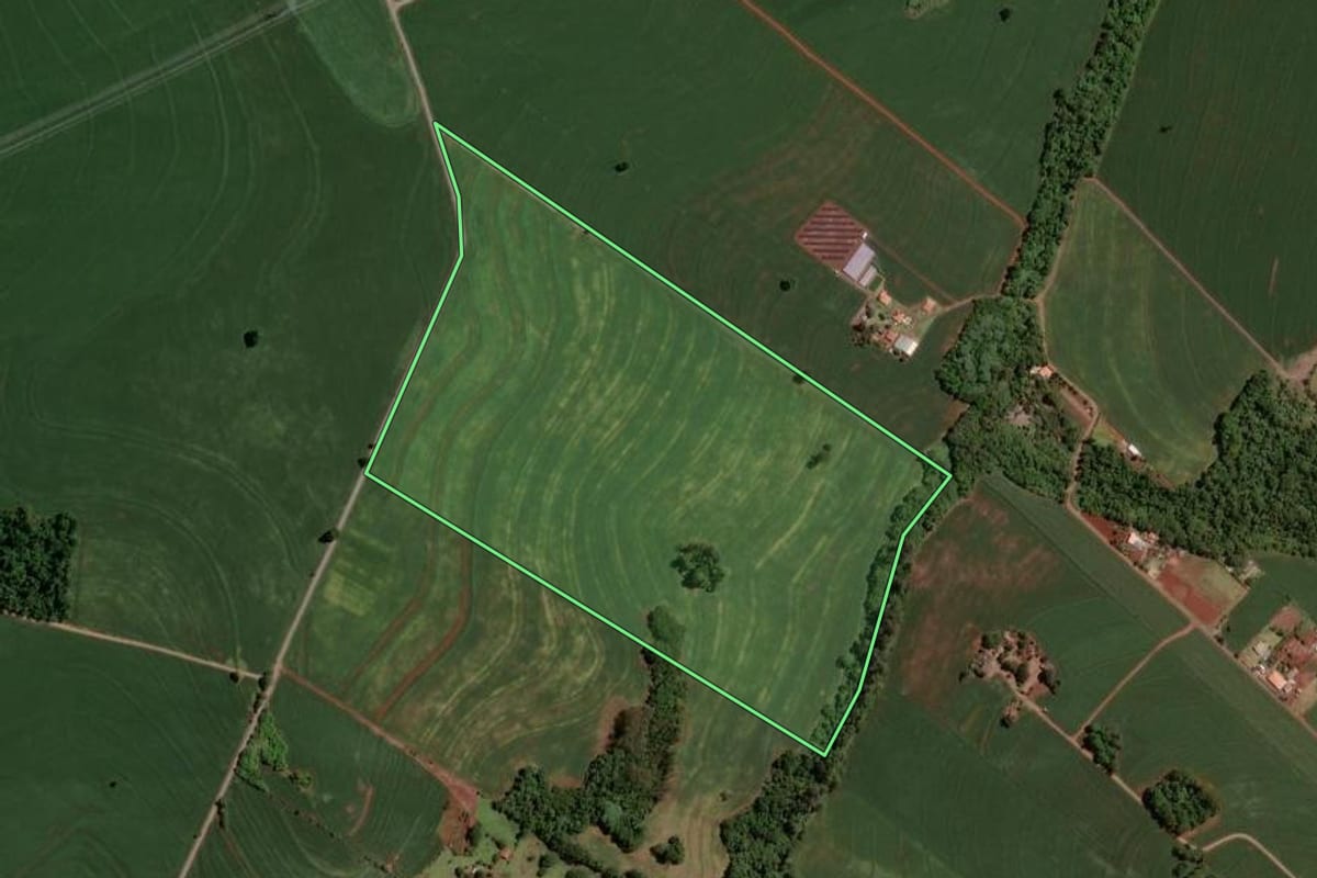 Imagem de satélite do imóvel rural em Sarandi (PR), com o contorno declarado no CAR desenhado por cima.