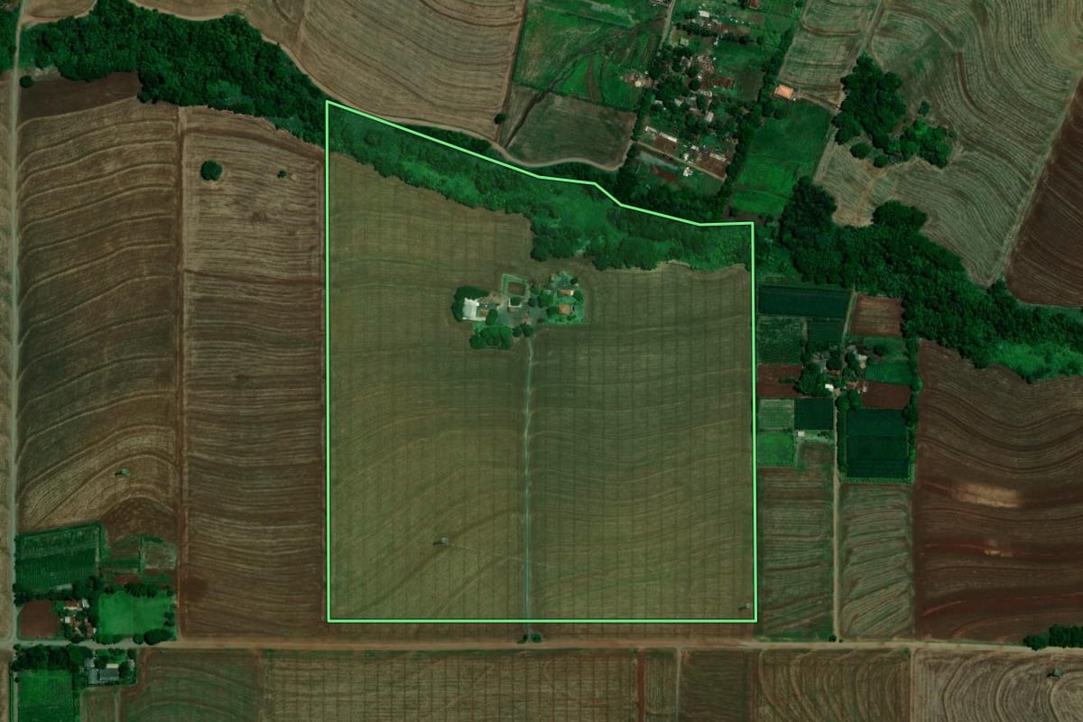 Imagem de satélite do imóvel rural em Sarandi (PR), com o contorno declarado no CAR desenhado por cima.