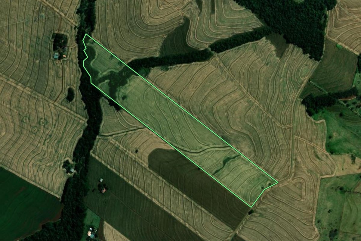 Imagem de satélite do imóvel rural em Sarandi (PR), com o contorno declarado no CAR desenhado por cima.