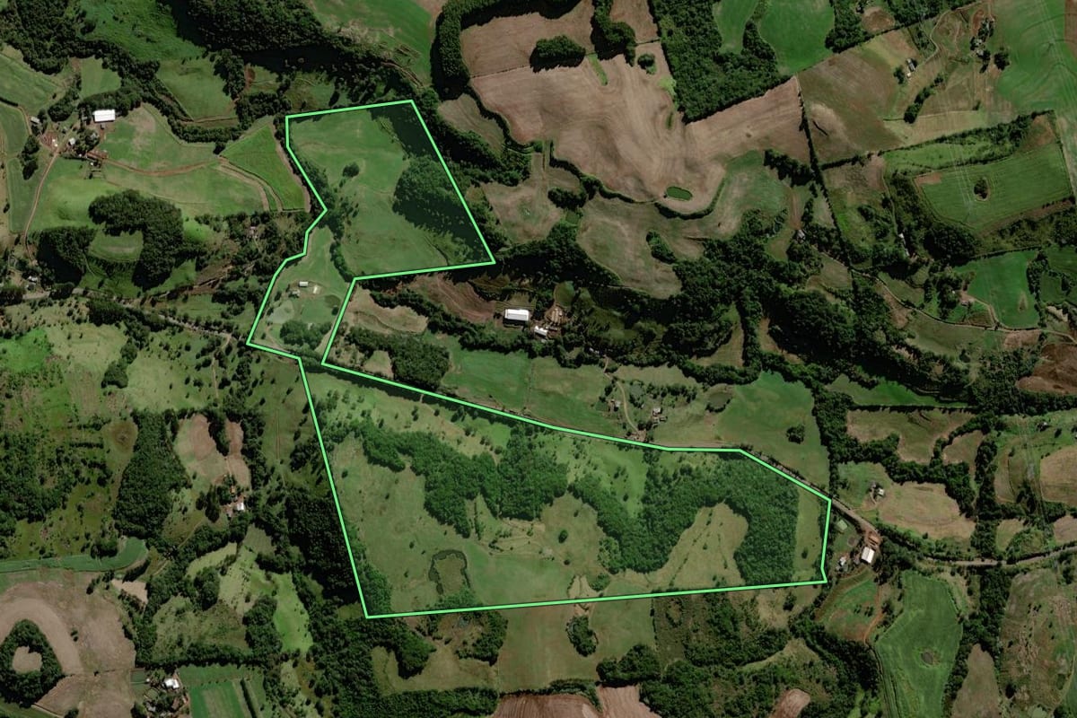 Imagem de satélite do imóvel rural em Saudade do Iguaçu (PR), com o contorno declarado no CAR desenhado por cima.