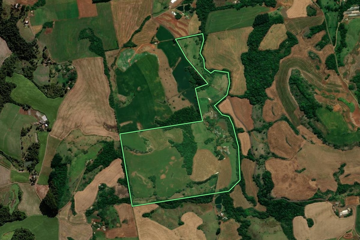 Imagem de satélite do imóvel rural em Saudade do Iguaçu (PR), com o contorno declarado no CAR desenhado por cima.